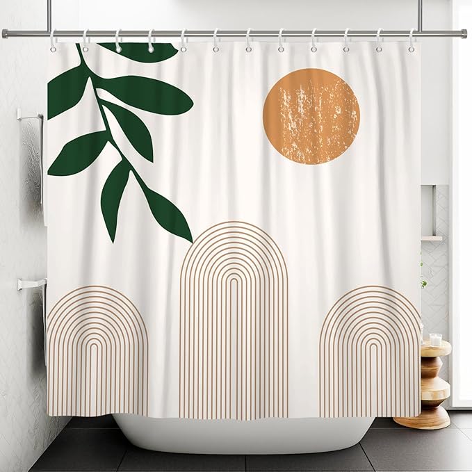 Boho Mid Century Shower Curtain Abstact Arch Sun Leaves Modern Minimalist Geometric Plant Aesthetic Shower Curtains Polyester Fabric Bathroom Decoration Curtain with Hooks 60x72 inch