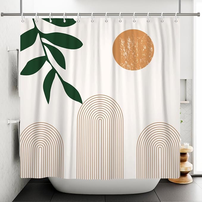 Boho Mid Century Shower Curtain Abstact Arch Sun Leaves Modern Minimalist Geometric Plant Aesthetic Shower Curtains Polyester Fabric Bathroom Decoration Curtain with Hooks 48x72 inch