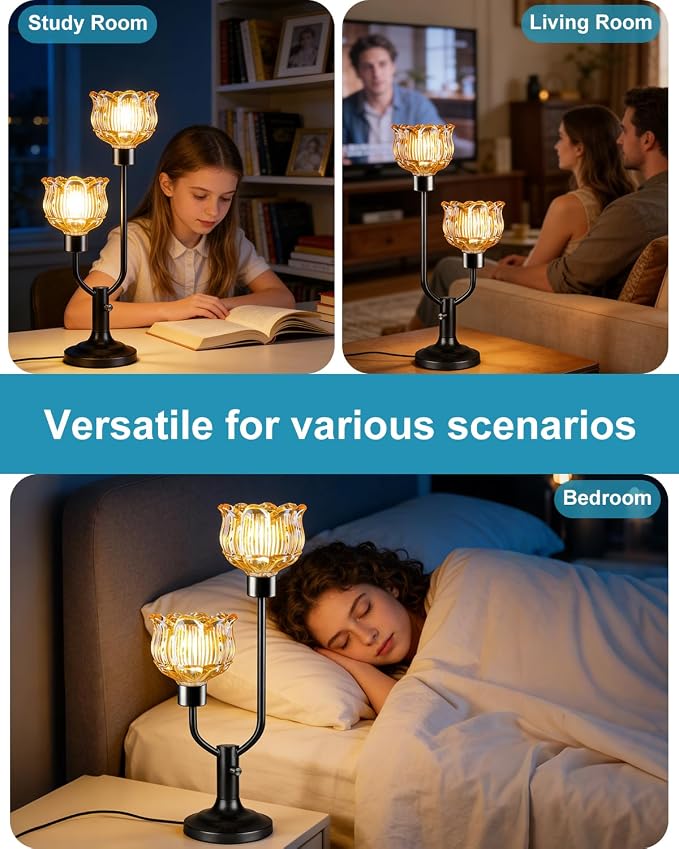 Lightdot Mid Century Modern Table Lamp for Living Room Dimmable Black Flower Desk Lamp Amber Glass Vintage Nightstand Lamp 2 Bulbs Included Warmwhite Ambient Bedside Lamp for Bedroom Home Office Decor