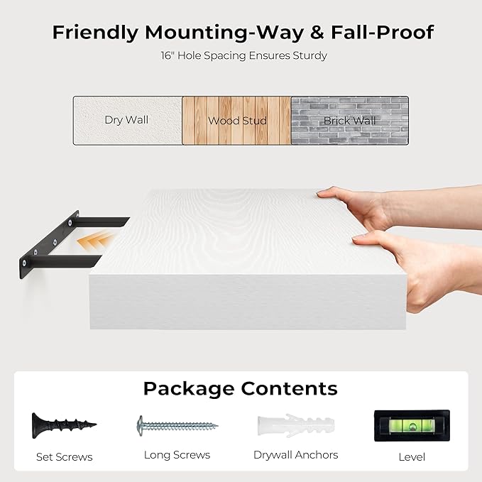 Fun Memories 72 Inch Floating Shelves for Wall, Fireplace Mantel Shelf with Invisible Heavy Duty Bracket, 8 Inch Deep Storage Shelf for Living Room, Kitchen, Farmhouse, White (2-Pack)