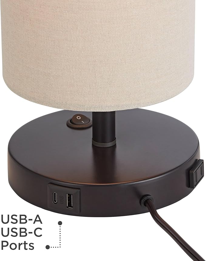 360 Lighting Heyburn 20" High Modern Accent Hotel Style Table Lamp with USB Charging Ports A+C and AC Power Outlet in Base Dark Bronze Oatmeal Cylinder Shade for Living Room Desk Bedroom House