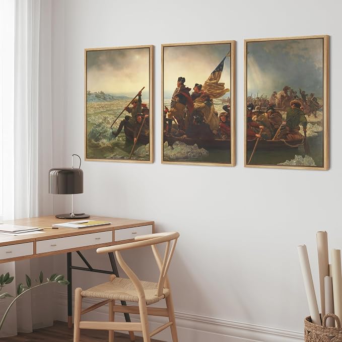wall26 Framed Canvas Print Wall Art Set Washington Crossing The Delaware by Emanuel Leutze Cultural Historic Oil Painting Fine Art Reproduction for Living Room, Bedroom, Office - 24"x36"x3 Natural