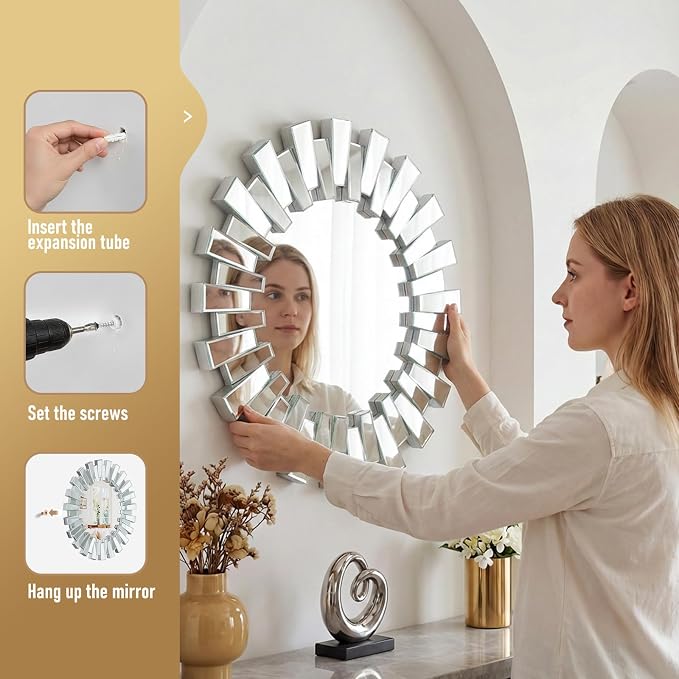 Sunburst Mirror - 26'' Sliver Starburst Mirror with Beveled Glass Frame, Modern Wall Decor Mirrors for Living Room, Hallway,Bedroom
