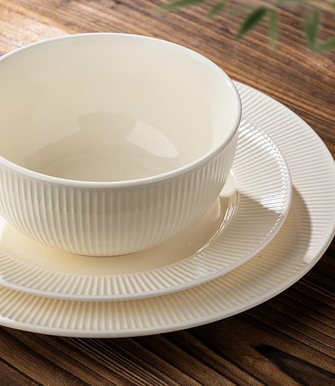 TheTerra Stoneware Dinnerware Sets for 4, 12 Pieces Ceramic Plates and Bowls Sets, Scratch Resistant Embossed Dish Set, Oven, Microwave & Dishwasher Safe, Beige