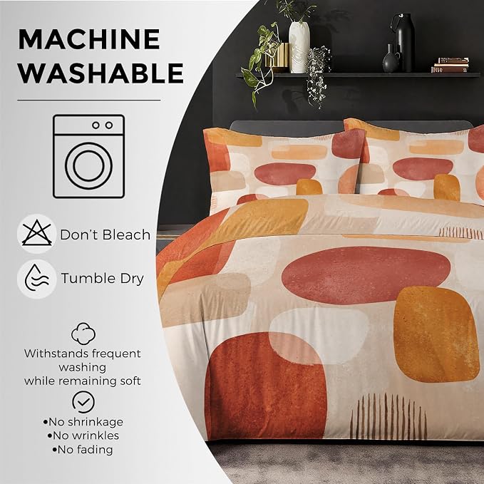 Boho Duvet Cover King Size, Mid Century Bedding Set 3 pcs with 2 Pillow Covers, Modern Abstract Bedroom Decor, Soft Microfiber Reversible, Zipper & Ties KJJT 109