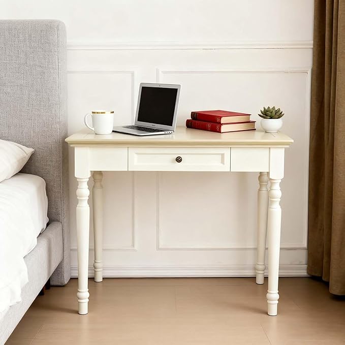 Beige Writing Desk with Drawer, 35" Solid Wood French Country Style Computer Desk for Home Office, Living Room Study or Workspace