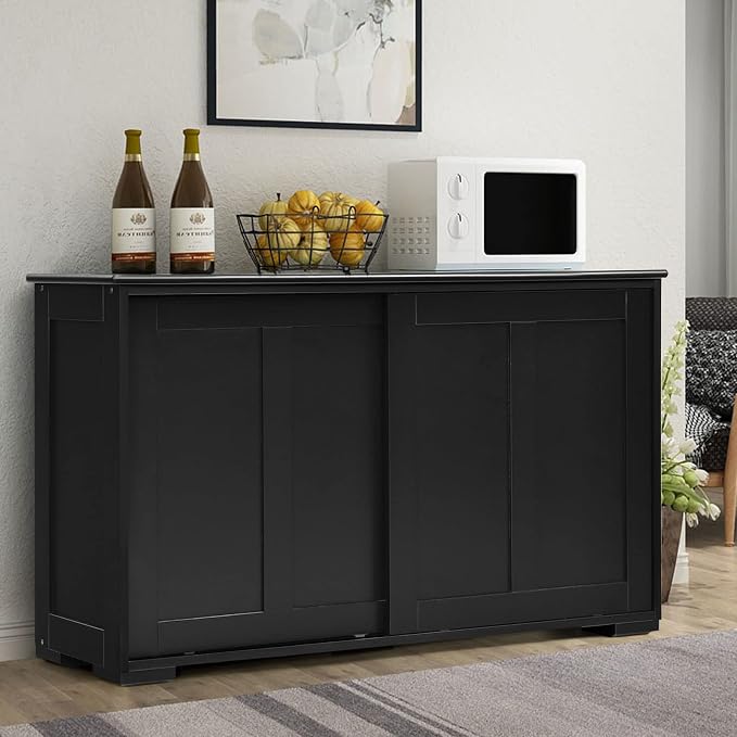 Buffet Cabinet Sideboard, Wood Storage Credenza Cupboard with Adjustable Shelf & 2 Sliding Doors, Stackable Coffee Bar Cabinet Console Table for Dining Room, Living Room, Kitchen (1, Black)