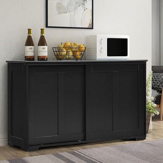 Buffet Cabinet Sideboard, Wood Storage Credenza Cupboard with Adjustable Shelf & 2 Sliding Doors, Stackable Coffee Bar Cabinet Console Table for Dining Room, Living Room, Kitchen (1, Black)