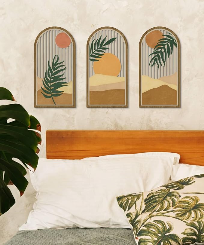 Putuo Decor Boho Wall Art Set of 3, Modern Minimalist Wooden Wall Decor, Nature-Inspired Abstract Aesthetic Room Decorations, Mid-Century Artwork for Living Room, Bedroom, Office (Brown, 16×8 in