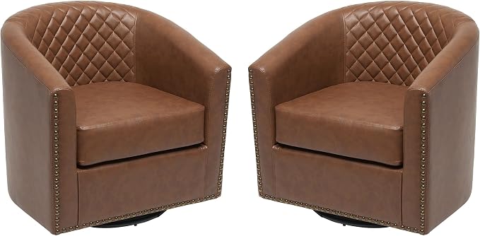 KINWELL 50" Faux Leather Loveseat Sofa with 2 Swivel Barrel Chairs, Brown | for Small Spaces