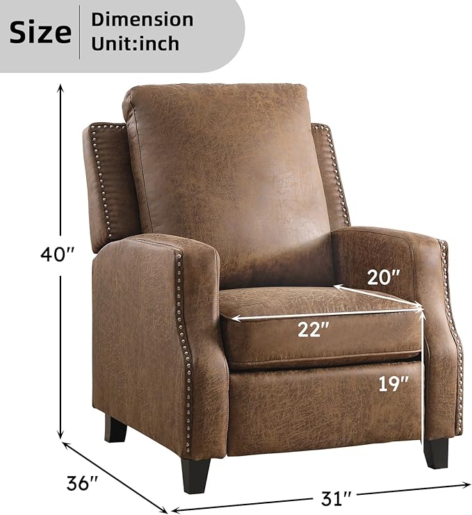 Push Back Recliner Chair Faux Leather Pushback Armchair with Rivet Decoration Wingback Single Sofa Chair with Padded Seat Solid Wood Legs for Living Room, Comfy Upholstered, Brown