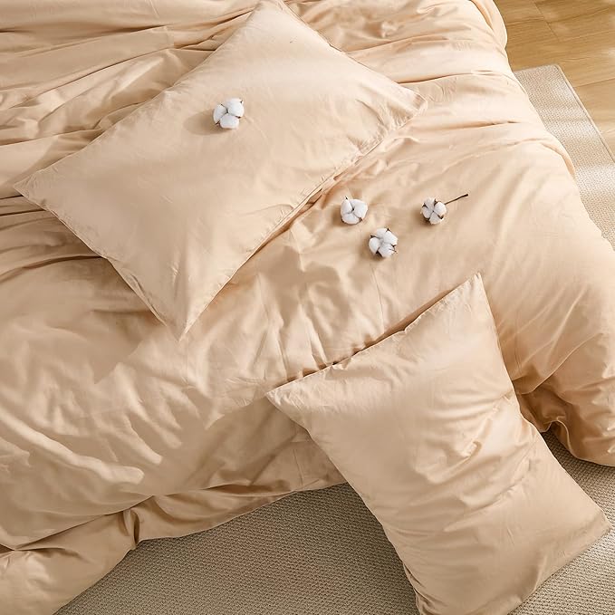 100% Washed Cotton Duvet Cover King Size – Sandy Beige, Linen-Like Texture, Super Soft & Breathable Bedding Set, 3-Piece Durable Percale Comforter Cover
