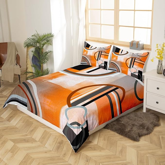 Burnt Orange Duvet Cover Queen 3 Piece,Geometric Black Gray Bedding Set,Watercolor Ombre Oil Painting Comforter Cover,Contemporary Minimalist Artwork Quilt Cover,Soft Microfiber Bedspread Cover