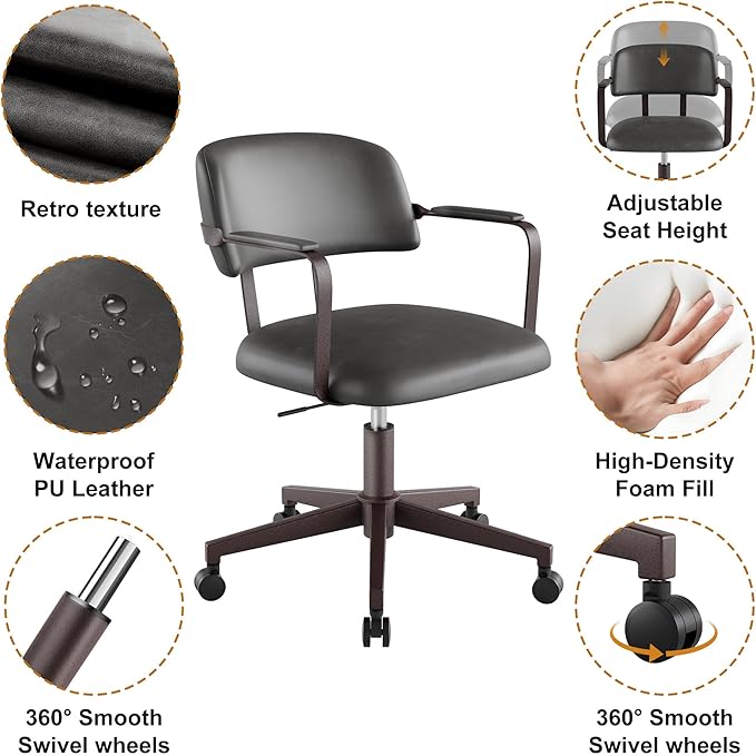 Home Office Desk Chair, Mid-Century Modern Desk Chair with Padded Arms, Adjustable Seat Height, Mid Back 360° Small Computer Chair with Mobile Mute Wheel, PU Leather (Dark Grey,2BOX)