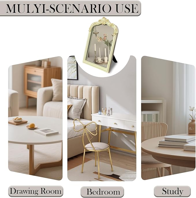 Cream Flower Bow Mirror - 13x10 Inch Elegant Decorative Accent, Wall-Mounted & Tabletop Makeup Mirror for Bedroom Decor