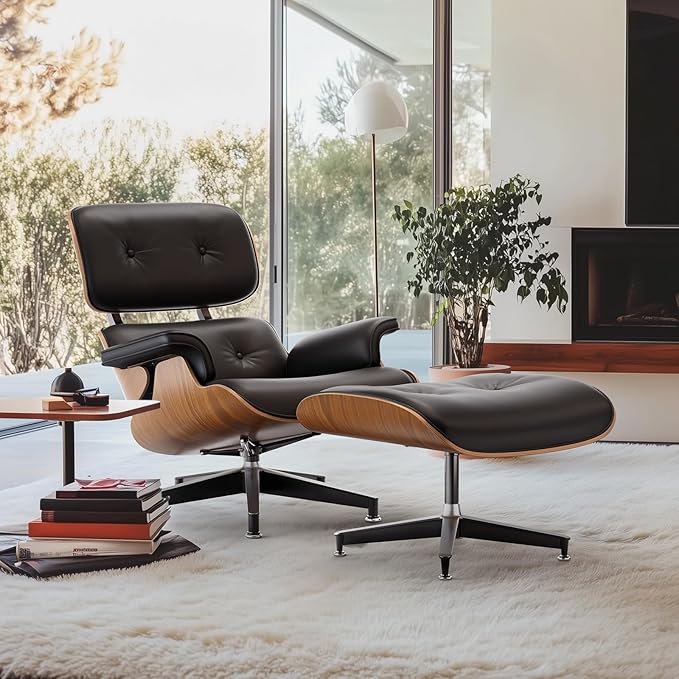 Top Black PU Leather, Mid Century Chaise Lounge Chair and Ottoman, Modern Chair Classic Design, Walnut Wood, Heavy Duty Base Support for Living Room Office