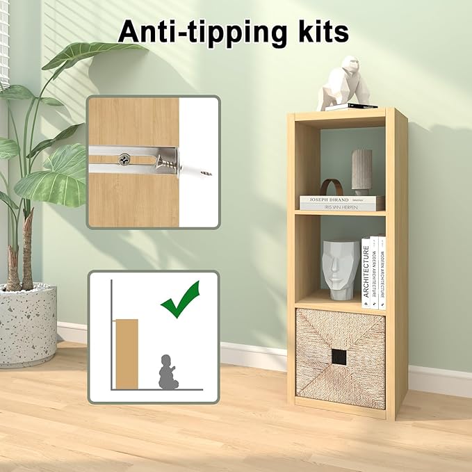 CTESNE【2026 Wooden Thick Frame 3 Cube Storage Organizer Shelf with Anti-Tipping Kits + Reversible Open Back Bookcase, Horizontal and Vertical Dual-use（Oak Color,11inch）