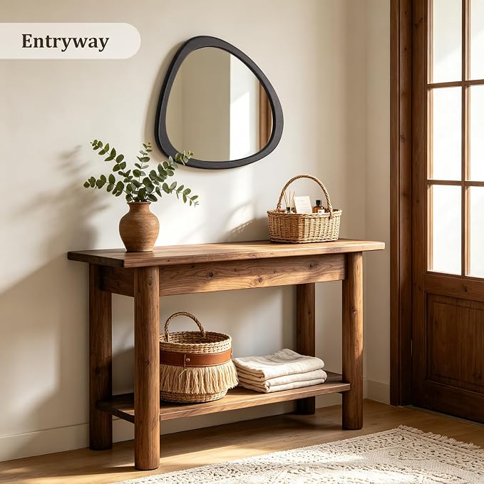 HOMECOOKIN 19" H x 23" Asymmetrical Mirror, Irregular Wooden Wall Mirror for Bedroom, Living Room,Entryway– Mid-Century Modern Decorative Mirror, Solid Wood Frame, Pebble Shaped Design (Dark Brown)