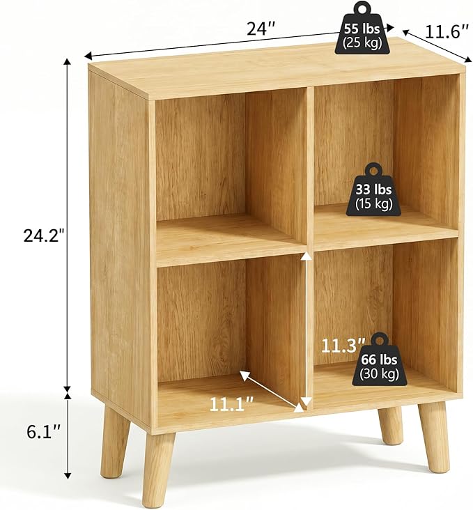 4 Cube Storage Organizer with Legs, 2 Tier Cube Low Bookcase Freestanding Storage Display Organizer for Home Office, Four-Cubes Open Shelf Short Bookshelf (Natural Oak, 4 Cube)