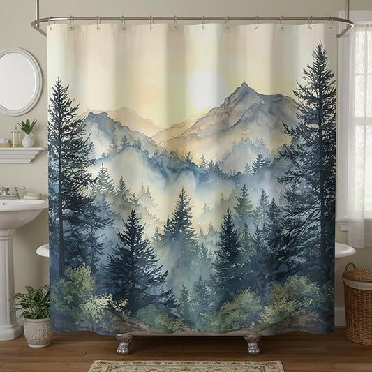 Misty Forest Mountain Shower Curtain, Nature Scenery Watercolor Pine Tree Landscape, Foggy Morning Mountain Peak Aesthetic Bathroom Decor, Waterproof Fabric, 72x72 Inch.