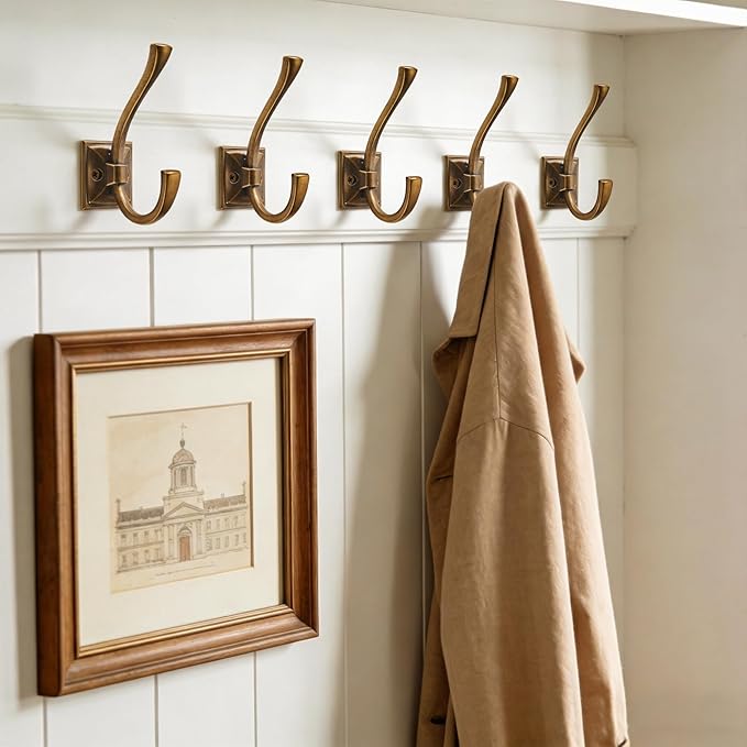 TUNNY 5 Pack Antique Design Wall Hanging Coat Hooks - Antique Brass Coat Hooks Towel Hook for Entry Shoe Cabinet, Wardrobe Bathroom Bedroom Furniture Hardware