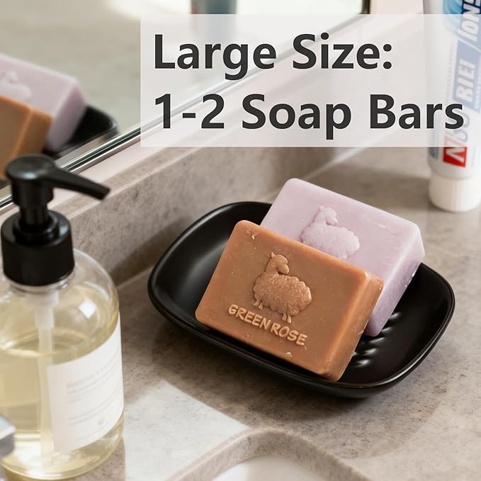 Soap Dish, Ceramic Soap Holder Shower Soap Dish for Bar Soap Sponge, Soap Saver Tray for Bathroom Kitchen Sink, Black (Pack of 2)