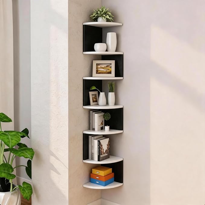 No-Drill Corner Shelf Wall Mount, 7-Tier Floating Corner Bookshelf with Hooks, Space-Saving Zigzag Plant Shelf for Bedroom, Living Room, Bathroom, Home Office(Black & White)