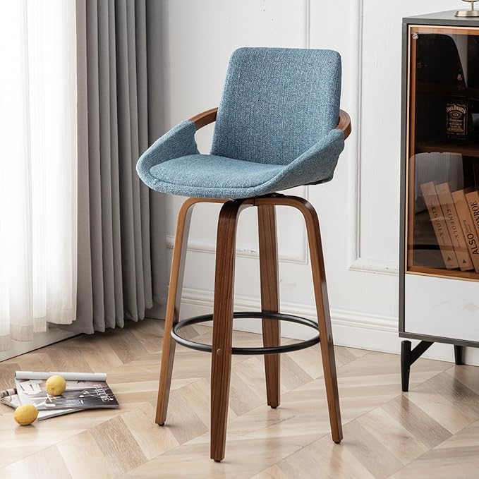 LUNLING 29.5" Bar Height Barstools Mid Century Modern Retro Bar Chairs Charcoal Blue Linen Look Fabric Upholstered and Walnut Wood Frame for Home Bar Furniture,Blue,1PCS
