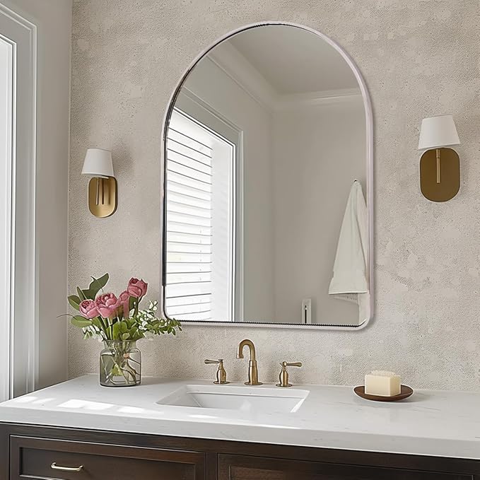 ANDY STAR 30x40’’ Chrome Arched Mirror, Polished Chrome Arched Bathroom Mirror, Arched Wall Mirror in SUS304-Anti-Rust Tube Frame, Wall Mounted Vertical 1'' Deep