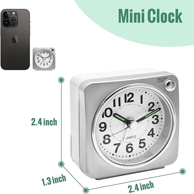 Lamisola Minimalist Battery Analog Travel Alarm Clock, Silver Table Desk Shelf Clocks for Bedrooms, Small Beside Clock, Ascending Alarm, Maximalist Decor, Silver