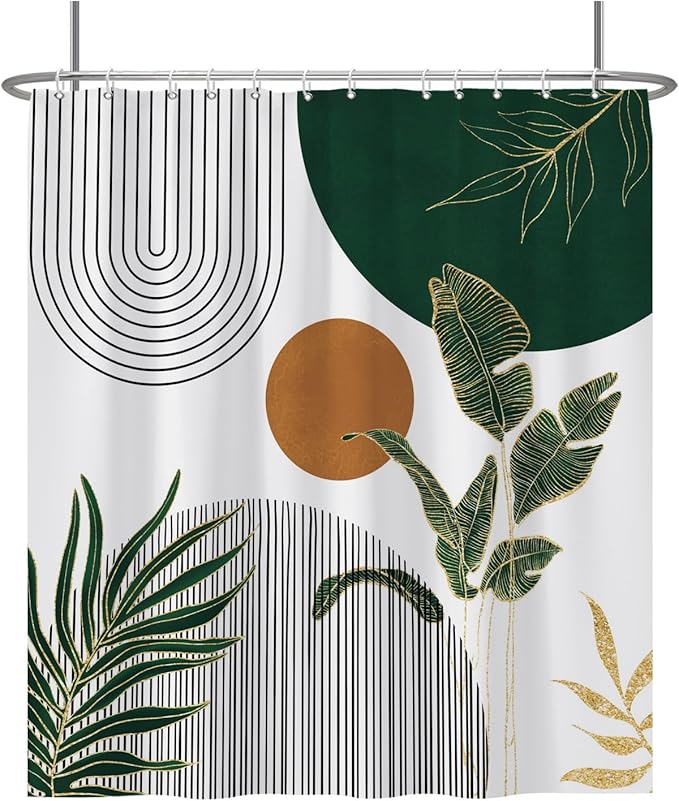 Baocicoo Boho Mid Century Shower Curtain Abstract Sun Green Banana Leaves Curve Aesthetic Shower Curtain for Bathroom Cubicle Living Room Waterproof Curtain for Bathroom with Hooks 72x78 Inches