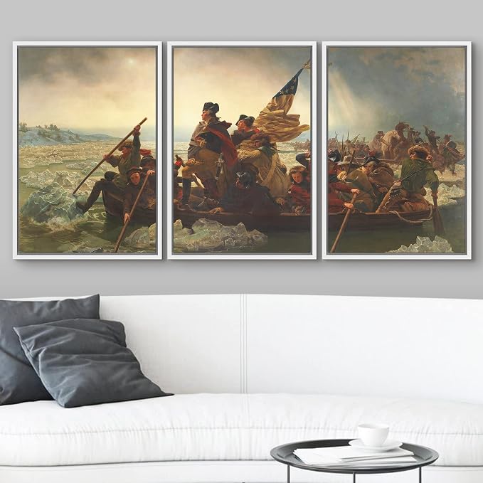 wall26 Framed Canvas Print Wall Art Set Washington Crossing The Delaware by Emanuel Leutze Cultural Historic Oil Painting Fine Art Reproduction for Living Room, Bedroom, Office - 24"x36"x3 White