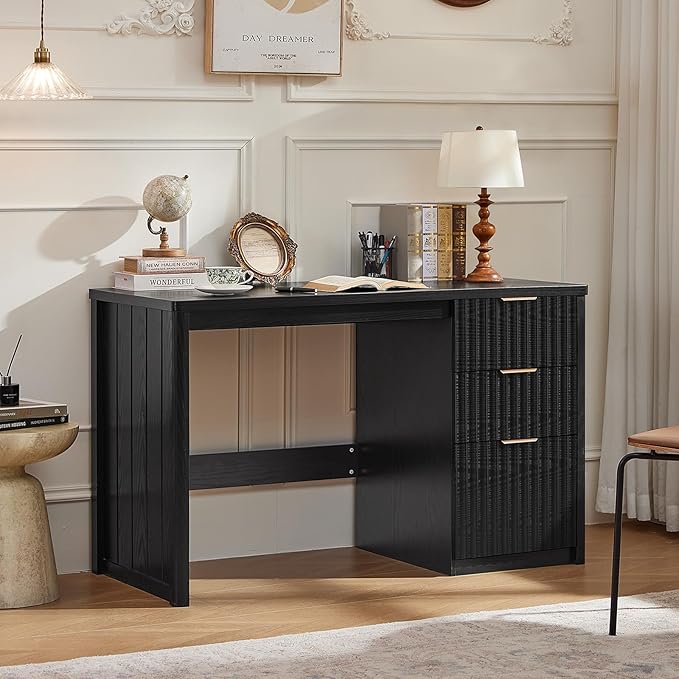 LEYAOYAO Office Desk 48" with 3 Drawers Storage File Cabinet Wood Fluted Desk for Computer Office Bedroom Home Furniture Black