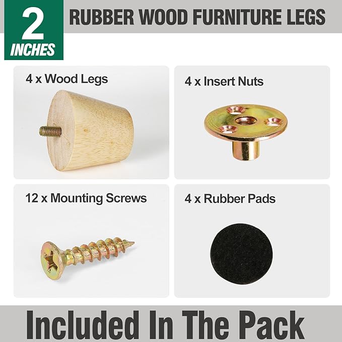 FoDau770 Rubber Wood Furniture Legs 2 Inches, Straight Tapered Wood Feet Mid Century Sofa Legs Set of 4, 5/16" UNC Furniture Feet Replacement Parts for Cabinet Couch Dresser Chair Ottoman Table