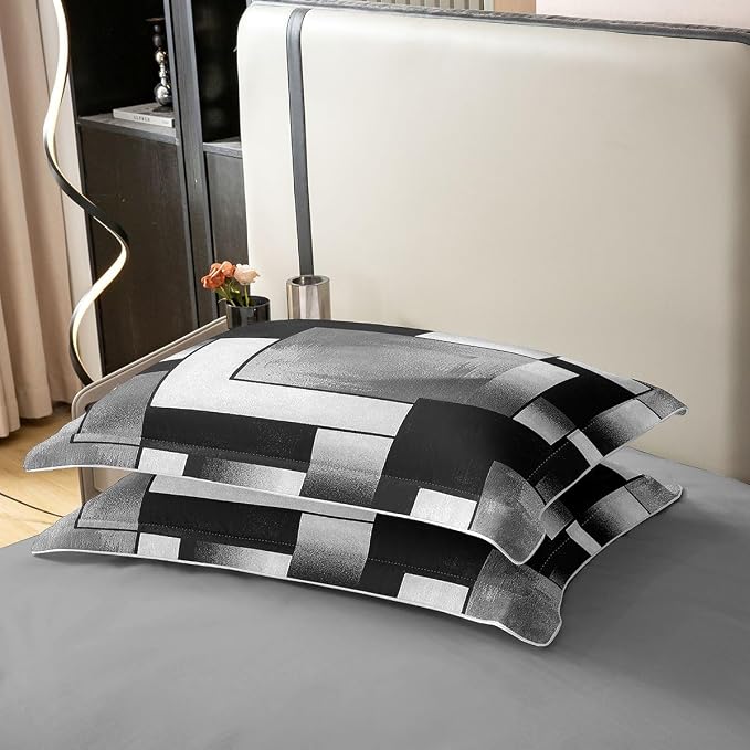 Erosebridal Black Grey Art Bedding Set Full Modern Geometric Square 100% Cotton Duvet Cover Abstract Patchwork Comforter Cover for Kids Teens Adults Mid Century Modern Fashion Bed Set 3 Pcs