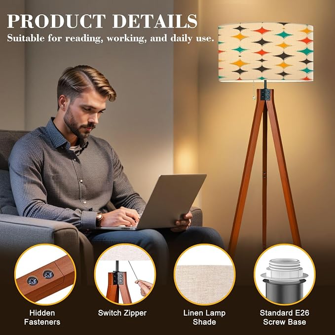 Wood Tripod Floor Lamp Mid Century Fifties Modern Stars Retro Colors Seamless Part Collection Mid Century Standing Lamp Linen Shade Dimmable Modern Tall lamp Home Decor for Living Room Bedroom Office