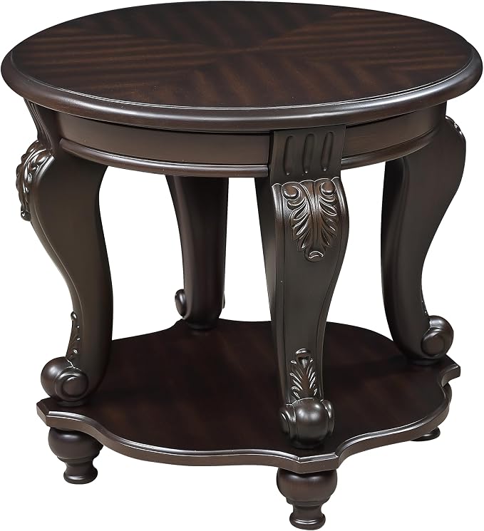 JIJIWANG Wood Round Sofa Table with Antique Carved Legs Oval End Table with Buttom Shelf for Small Space, Espresso