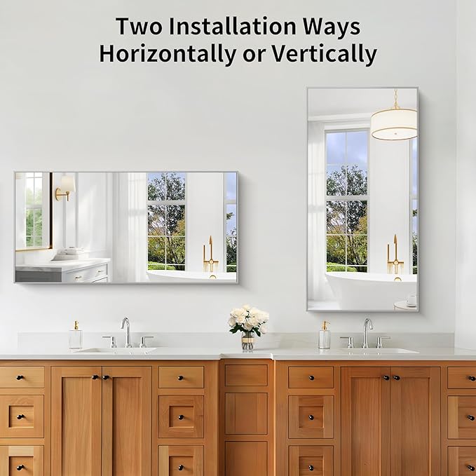 KOCUUY Silver Bathroom Mirror, 48"x24" Rectangle Bathroom Mirror for Wall, HD Tempered Glass, Anti-Rust Brushed Silver Frame, Modern Design for Bathroom, Bedroom, Living Room, Entryway.