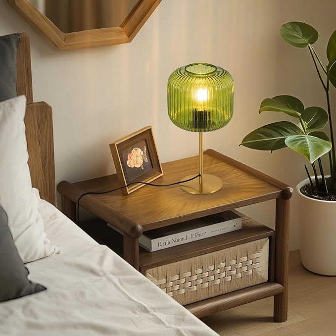 Vintage Glass Table Lamps, Small Green Bedside Table Lamp with Plug-in Style, Mid Century Modern Globe Nightstand Lamp for Bedroom, Gold Desk lamp for Bedroom Living Room Office