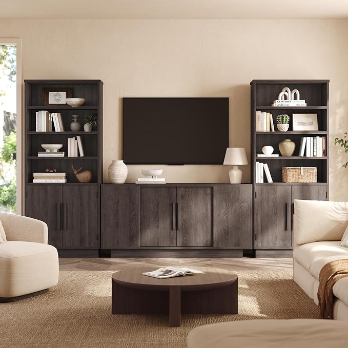 ModernMate 63'' Sideboard Buffet Cabinet with 4 Sliding Doors, Wood Credenza Storage Cabinet with Pedestal Base, Large Side Board with Adjustable Shelf for Living Room, Kitchen, Hallway, Dark Walnut