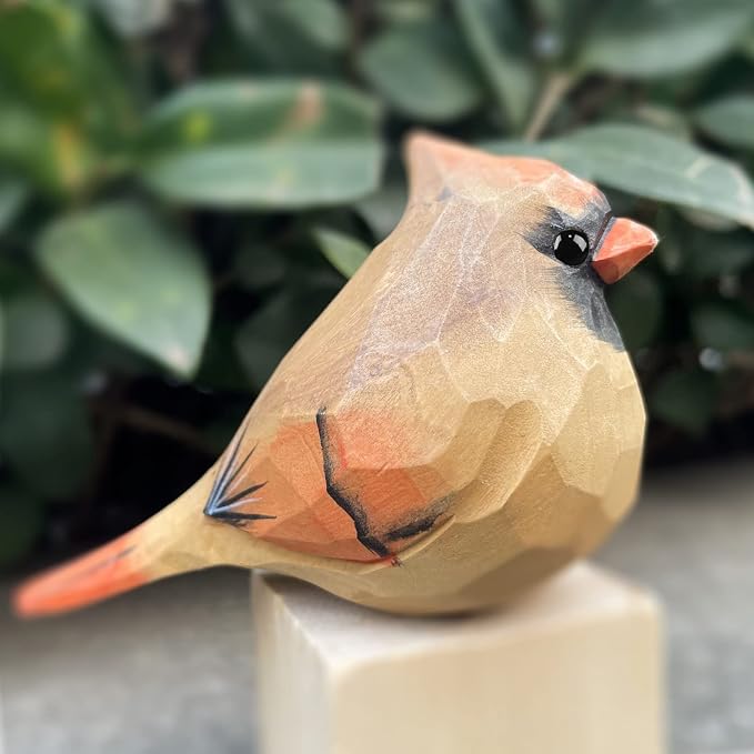 Hand Carved Painted Wooden Birds for Home Decor - Female Cardinal Statue for Bird Lovers, Housewarming, Birthday, Christmas, Anniversaries