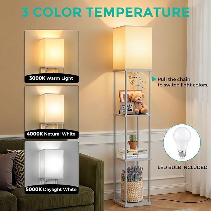 FOLKSMATE Floor Lamp with Shelves, 3-Tier Modern Square Bookshelf Floor Lamp, 3 Color Temperature Bulb Included, Floor Lamps for Living Room Bedroom Corner - Grey