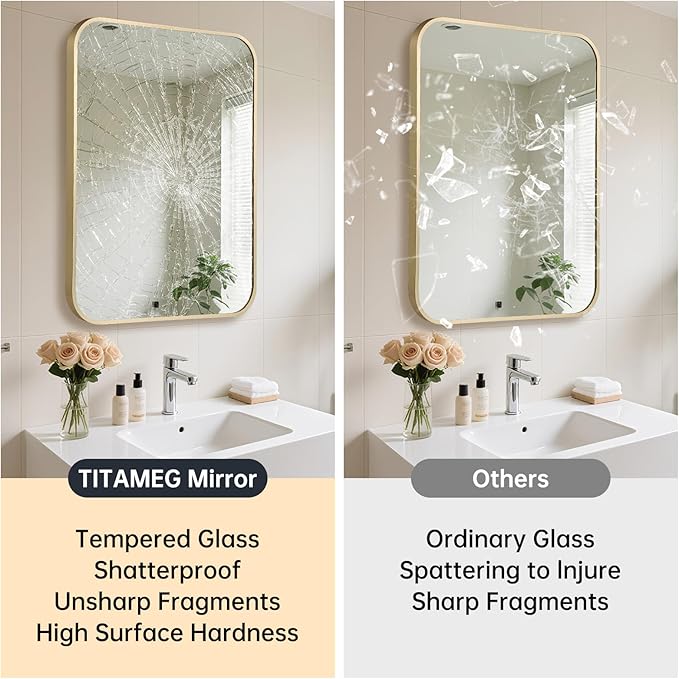 30x36 Inch Dark Matte Gold Bathroom Mirror for Wall，Framed Rectangle Mirror with Rounded Corner,Brushed Mirror for Bedroom or Living Room,Vertical or Horizontall
