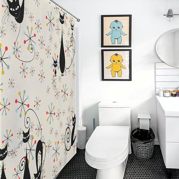 Mid Century Black Cat Shower Curtain,Atomic Cat Modern Abstract Geometric Iconic Pattern 1950s Vintage Funny Decor Fabric Bathroom Curtain with Hooks 66x72in（168x183cm）