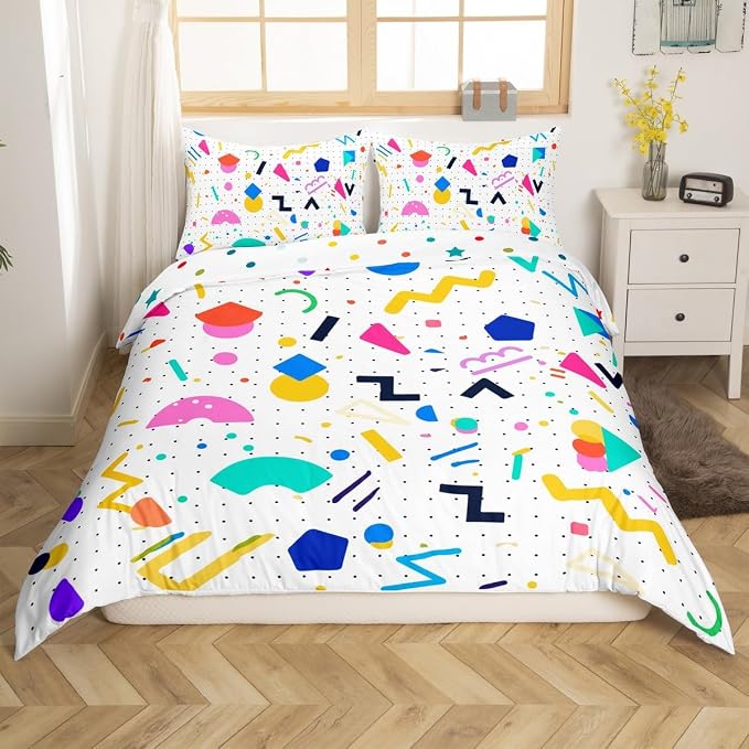 Memphis Duvet Cover Hipster Retro Bedding Set,80s and 90s Hip Hop Funky Comforter Cover Colorful Pop Art Inspired Pattern Twin Bed Set,Watercolor Eighties Memphis Geometrical 80s Bedroom Decor
