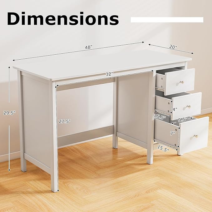Tangkula White Desk with Drawers, Modern Home Office Computer Desk with Storage Drawers & Spacious Desktop, Compact Writing Study Desk Laptop Desk for Bedroom, Multipurpose Workstation