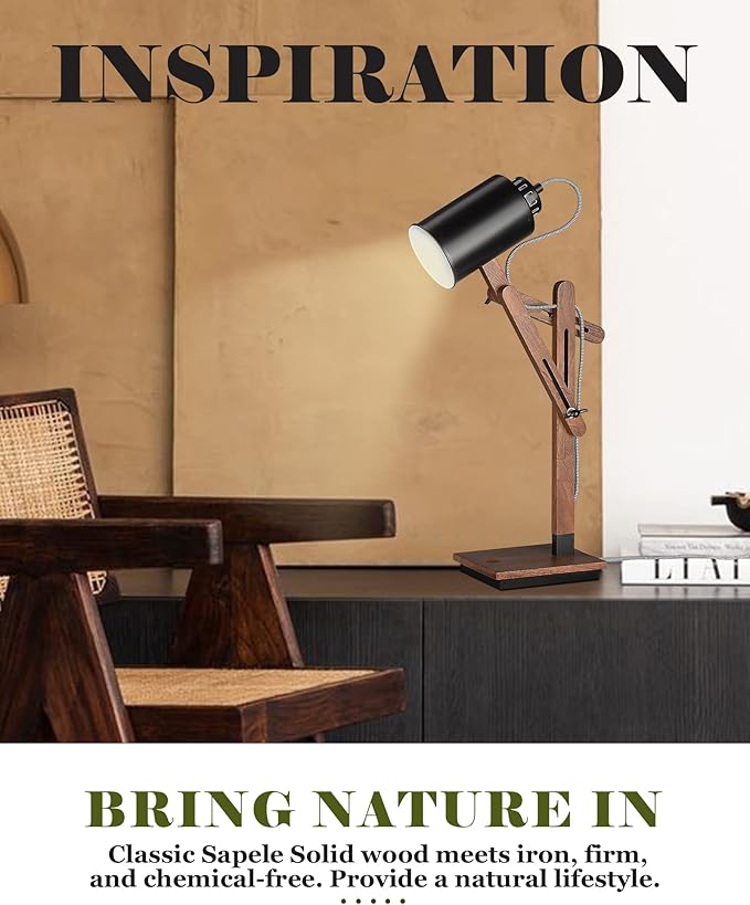 ELYONA Touch Control Sapele Wood Desk Lamp with Wireless Charging & USB Port, LED Reading Task Light,Adjustable, Swing Arm Table Lamp for Bedroom, Study Work, Office, Dorm, Bulb Included, Black