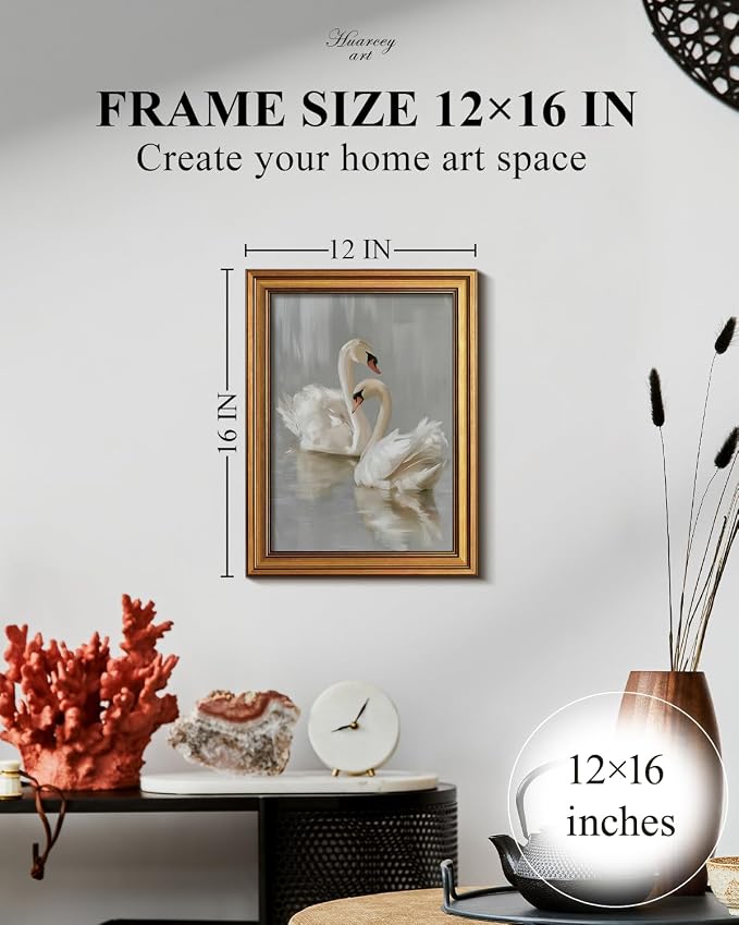 HUARCEY Gold Framed Vintage Wall Art for Living Room, Animals Painting Prints Shelf Decor for Kitchen, Aesthetic Bedroom Wall Art, Best Gifts for Friends or Family - Two Swans 16L x 12W