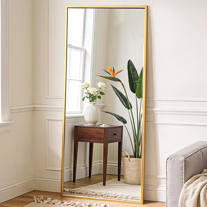 OLIXIS 64"x 21.5" Mirror Full Length, Full Body Mirror with Stand, Hanging or Leaning for Wall, Floor Standing with Shatter-Proof Glass for Bedroom, Living Room, Long, Gold
