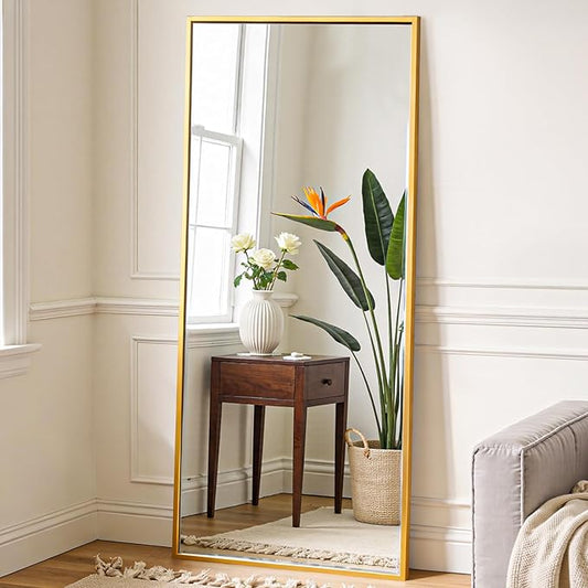 OLIXIS 64"x 21.5" Mirror Full Length, Full Body Mirror with Stand, Hanging or Leaning for Wall, Floor Standing with Shatter-Proof Glass for Bedroom, Living Room, Long, Gold